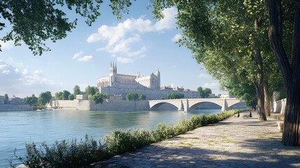 Obraz premium Riverfront cathedral, bridge, trees, sunny day.