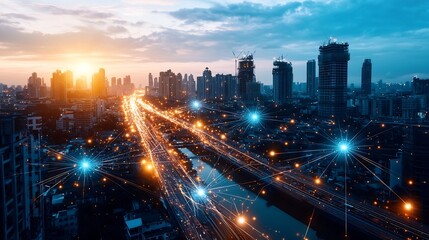 Fototapeta premium Photograph of a modern highway at night lined with smart light poles visualized with glowing network lines for advanced traffic and energy management leaving copy space at the bottom