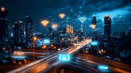 Obraz premium Futuristic highway scene at night featuring modern smart light poles visualized with glowing network lines for advanced traffic and energy management in a smart city setting