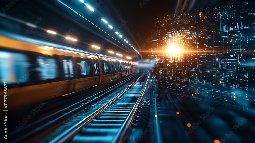 Poster futuristic subway station with glowing holographic network lines connecting digital displays ticketi