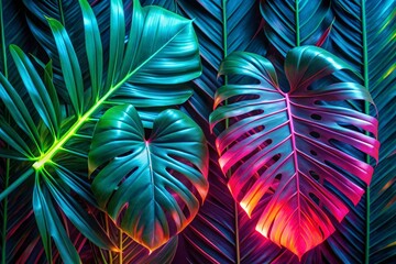 Dark green tropical leaves colorful neon light, backlight, monstera, palm. Generative AI