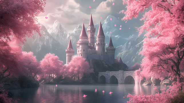 A beautiful fairytale inspired castle illustration with pink trees in front, ai generated image ai generative.. Fable. Illustration