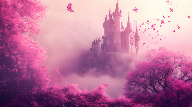 A beautiful fairytale inspired castle illustration with pink trees in front, ai generated image ai generative.. Fable. Illustration