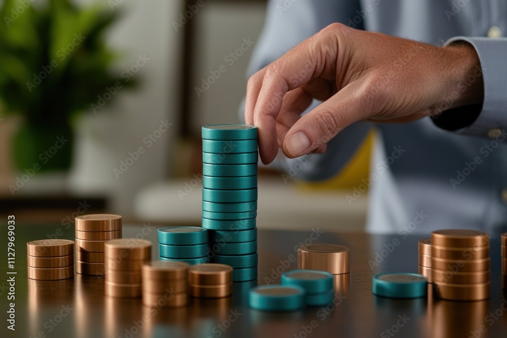 Poster Man building a tower of teal and copper coins on a table.