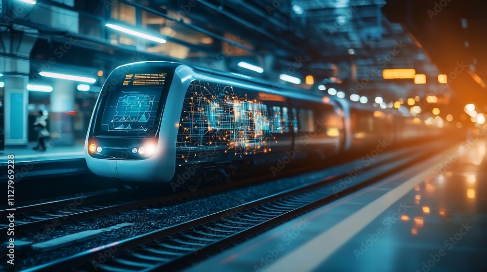 Poster futuristic holographic metro map display with glowing network lines representing real time train con