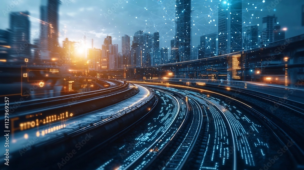 Poster a photograph showcasing a futuristic holographic metro map with glowing network lines representing r