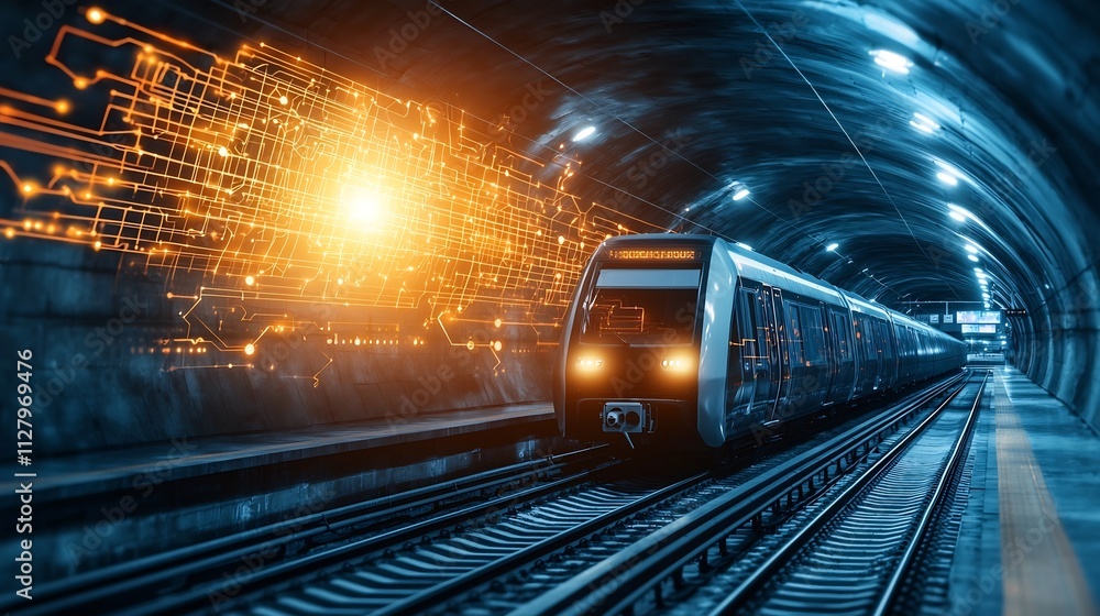 Poster futuristic underground transportation hub with interconnected escalators trains and iot systems visu