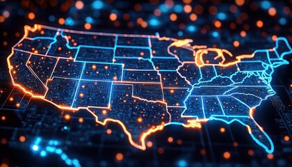 Obraz premium Cybersecurity Map of the United States with Data Protection and Integrity Shield Overlay