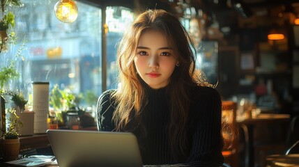 Woman Using Laptop in Cozy Coffee Shop with Natural Light