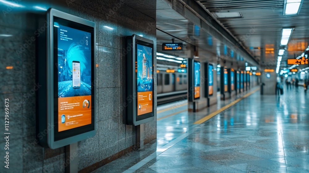 Poster technologically advanced public transport display in subway station with copy space for news schedul