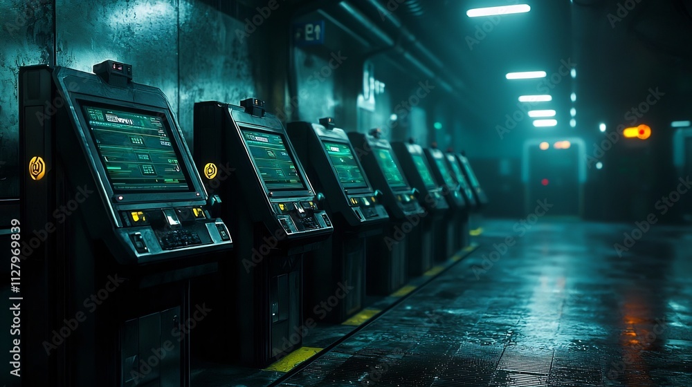 Poster photograph of an automated ticketing system in an underground metro interconnected through holograph