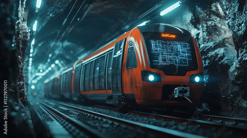 Poster a high tech maintenance area for underground trains visualized with holographic networks linking dia