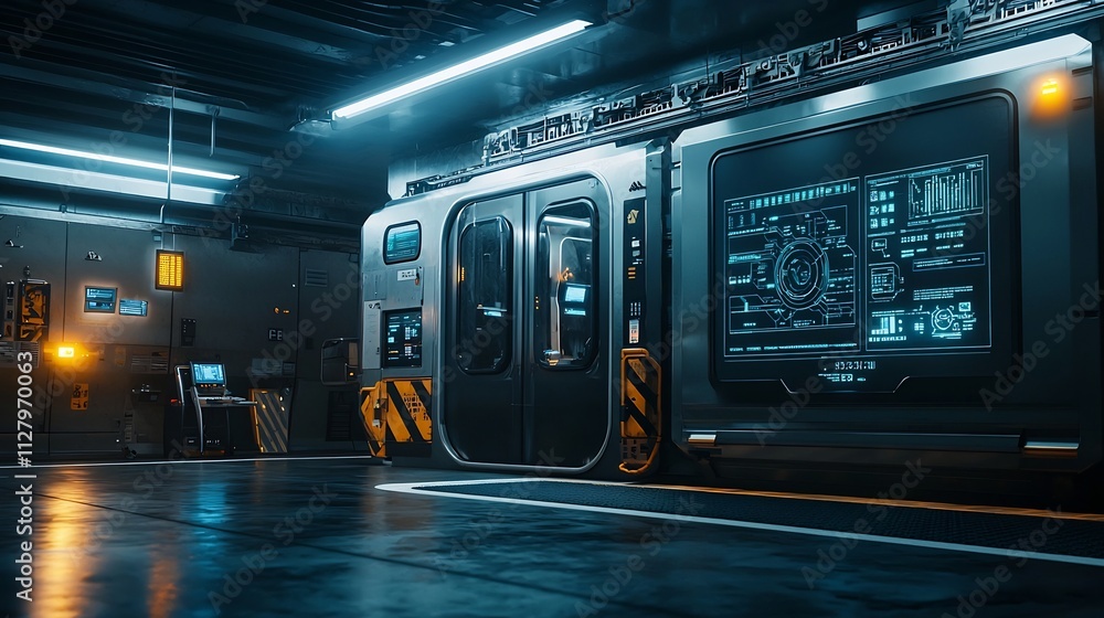 Poster a high tech maintenance area for advanced underground train systems visualized with holographic netw
