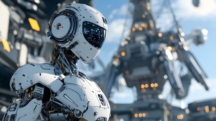 Fototapeta premium A conceptual image of futuristic robotics in space station operations