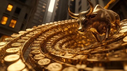 Photorealistic, ultra detailed image of gold coins forming a swirling vortex around the Wall Street Bull