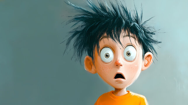 A quirky, animated young boy with messy hair and wide eyes, wearing an orange shirt. his surprised expression adds a playful touch to the illustration. Fable. Illustration