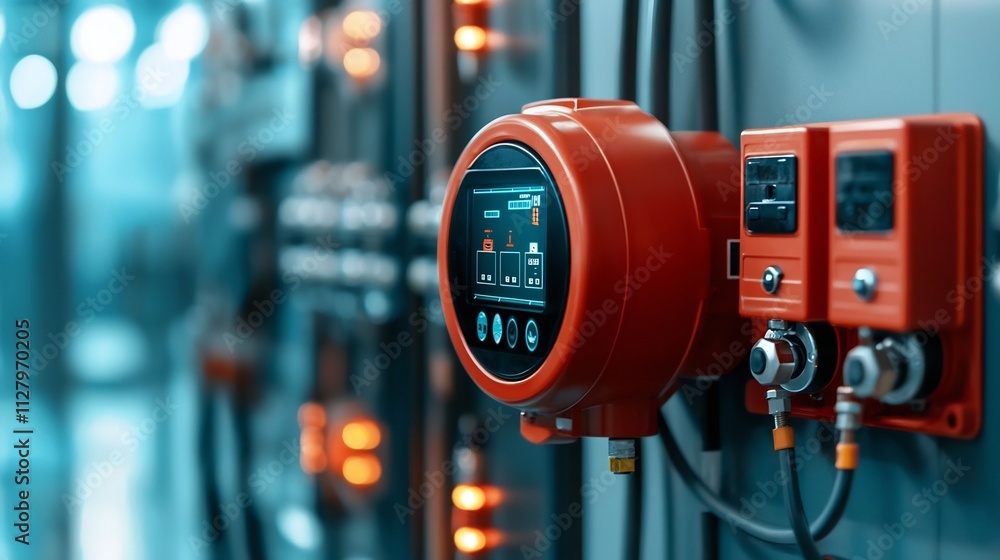 Poster futuristic digital fire alarm control panel displaying real time building sensor data and glowing ne