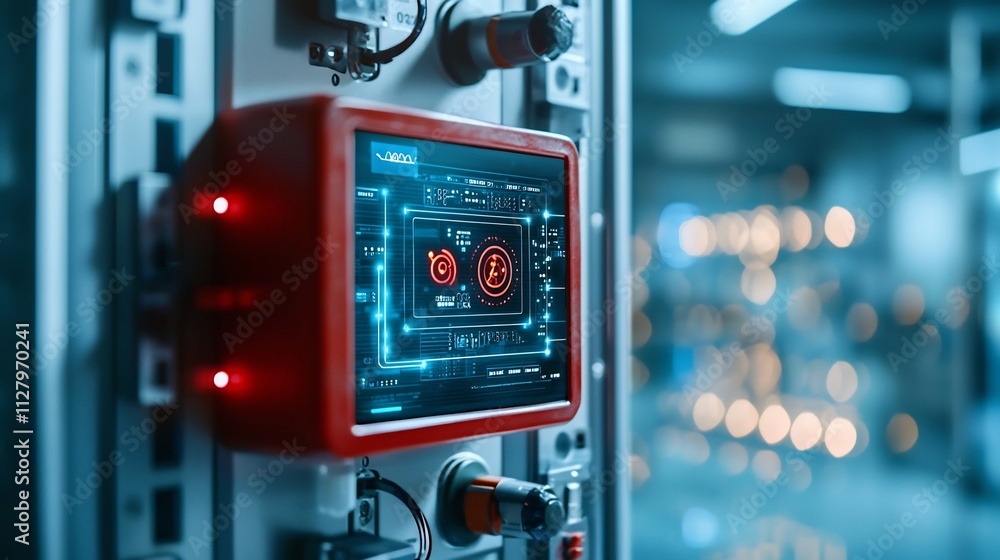 Poster cutting edge digital fire alarm control panel with real time building sensor data and network overla