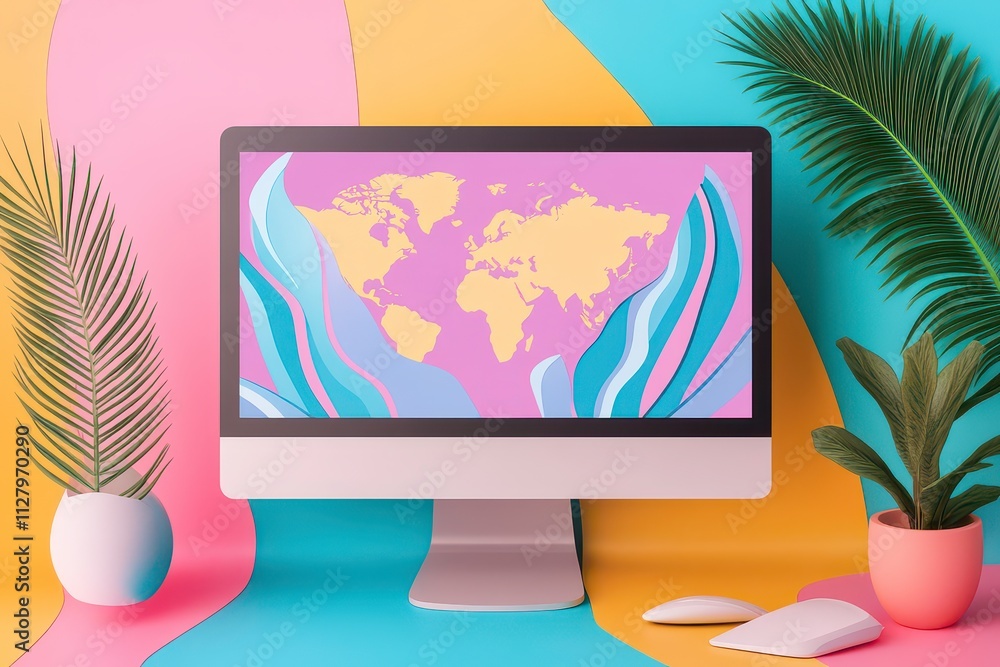 Aufkleber a modern workspace featuring a colorful world map on a computer screen with plants.