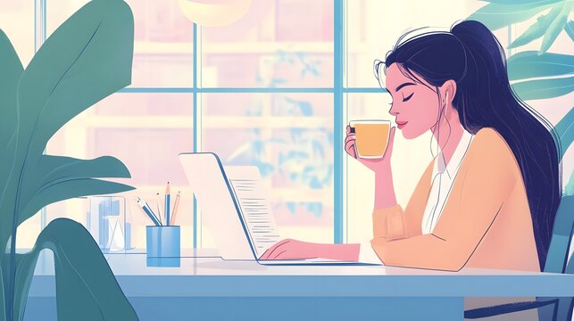 An employee journaling at their desk while sipping tea in a calm workspace