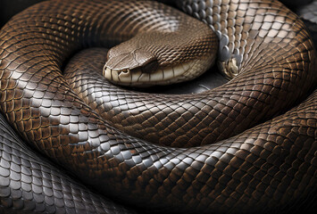 Obraz premium とぐろを巻いた蛇 2025年蛇年・干支・巳・正月・新年・新春の寿背景壁紙 年賀状はがき比率 キラキラ光る鱗と輝く質感