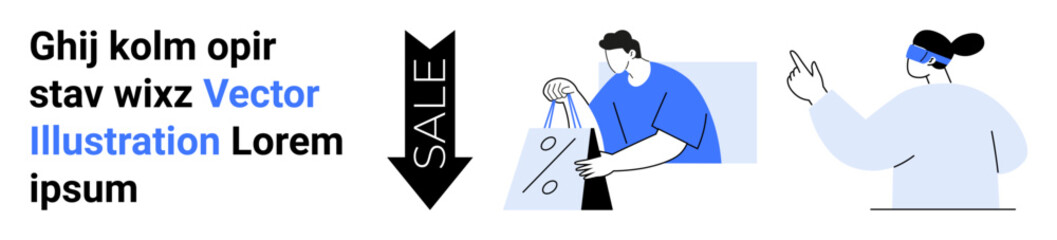 Man examining shopping bags, woman engaging with virtual display, vertical sale sign. Ideal for retail, shopping, e-commerce, promotions, marketing advertising visual presentations. Landing page