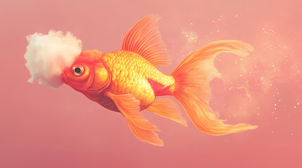 A whimsical illustration of an orange goldfish enjoying a cotton candy treat, set against a soft pink background. Fable. Illustration