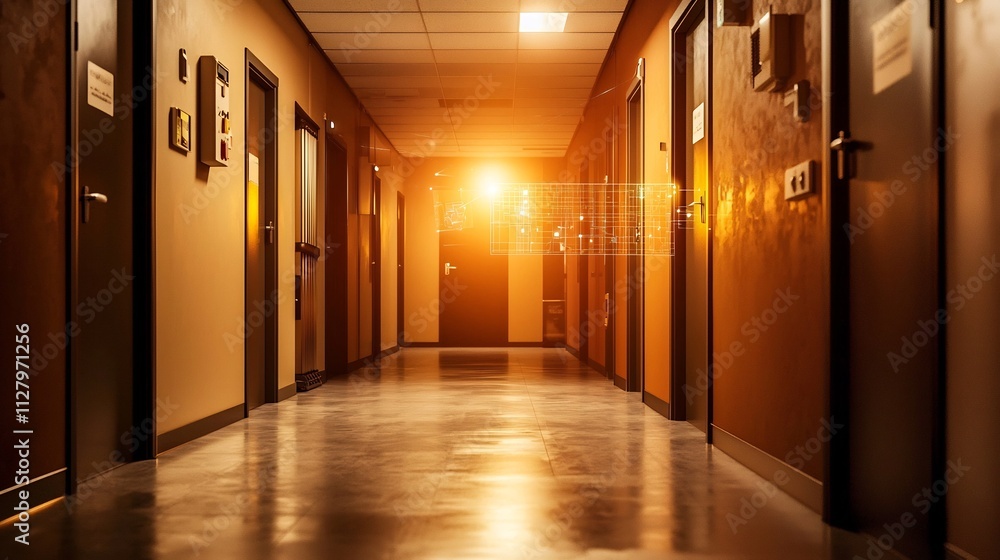 Aufkleber photograph of an automated fire detection network in a high rise building with holographic overlays 