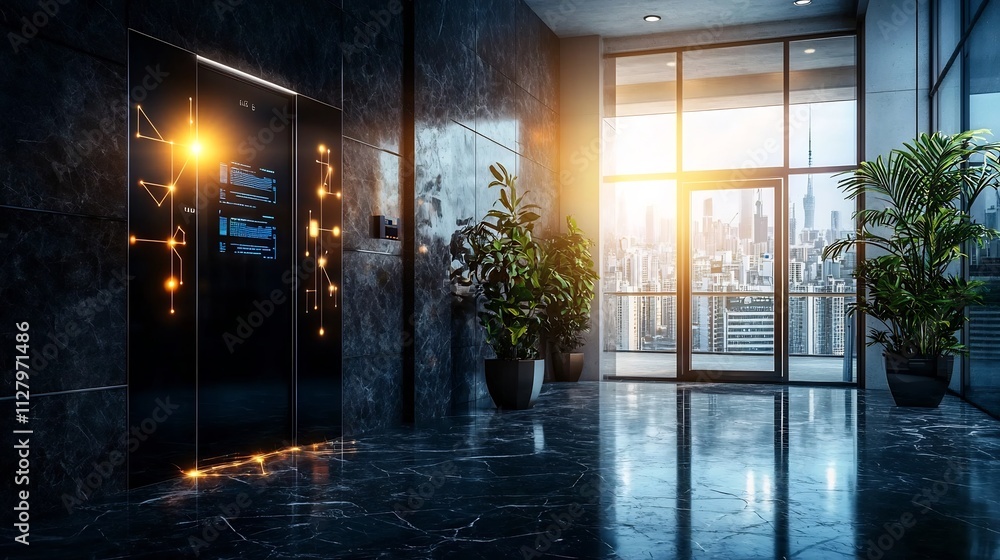 Poster futuristic smart building lobby interior with a central fire alarm system connected to iot sensors v