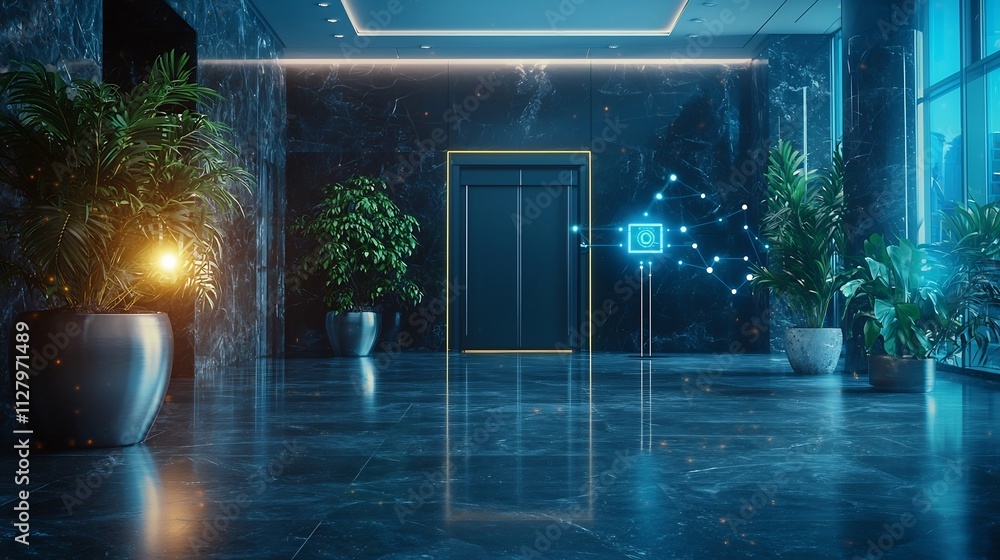 Poster photograph of a modern smart building lobby with a central fire alarm system connected to iot sensor