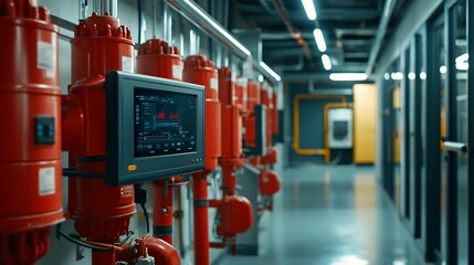 Intelligent Fire Sprinkler System Integrated with Smart Network for Real Time Fire Monitoring and Emergency Response in a Commercial Building  Includes Copy Space for Text Overlay