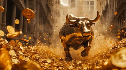 Photorealistic, ultra detailed image of gold coins swirling around the Wall Street Bull in a tornado-like motion