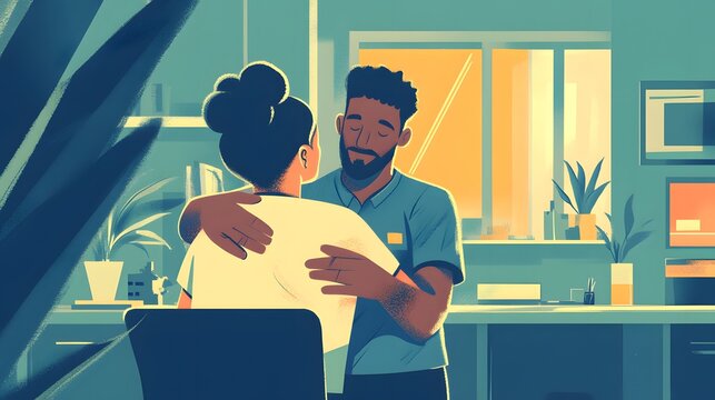 A coworker offering a supportive pat on the back to a colleague after a tough day