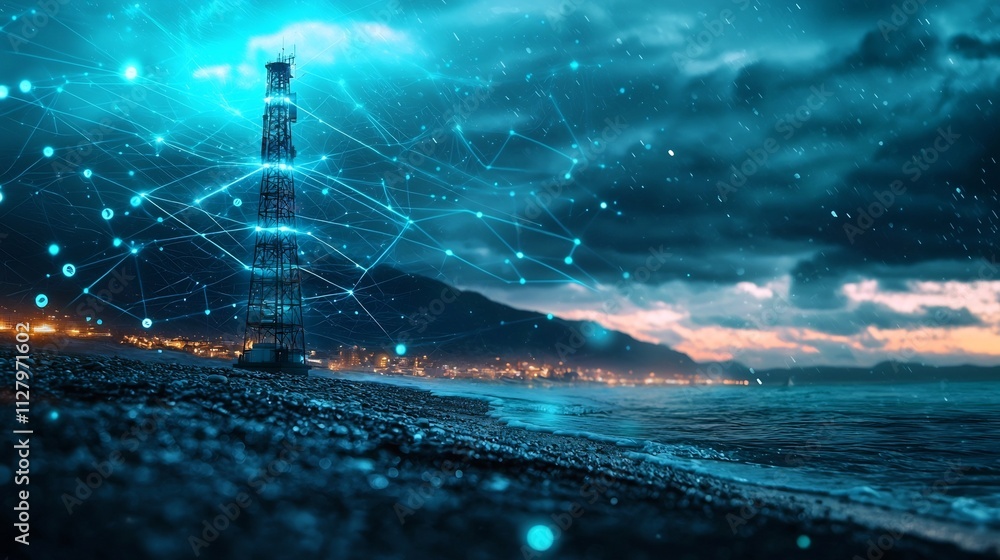 Poster high tech tsunami warning tower erected on coastal beach connected to underwater sensor network and 