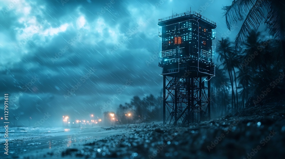 Poster a high tech tsunami warning tower standing tall on a coastal beach connected to a network of underwa