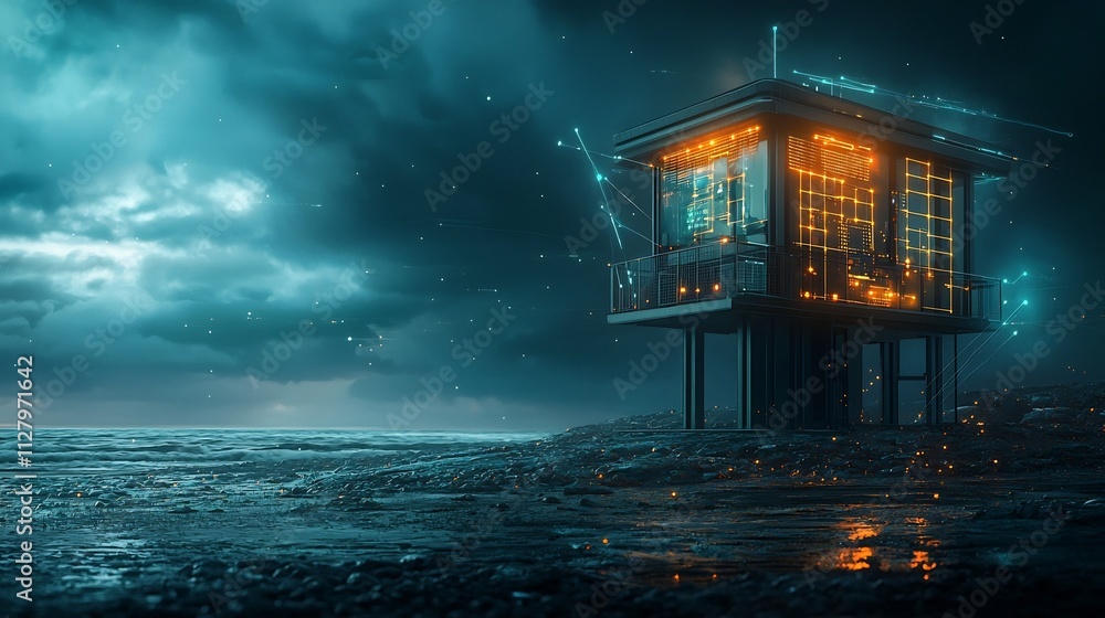 Poster photograph of a modern high tech tsunami warning tower standing on a scenic coastal beach connected 