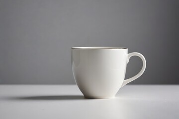 there is a white cup with a black rim sitting on a table