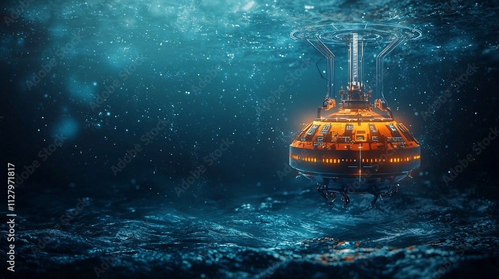 Poster a photograph of a buoy floating in the ocean equipped with sensors for tsunami detection connected t