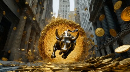 Photorealistic, ultra detailed image of gold coins swirling in a vortex around the Wall Street Bull