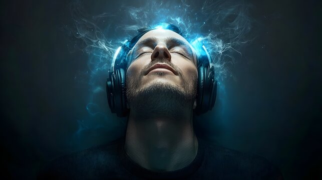 An employee looking peaceful while listening to calming music with their headphones on
