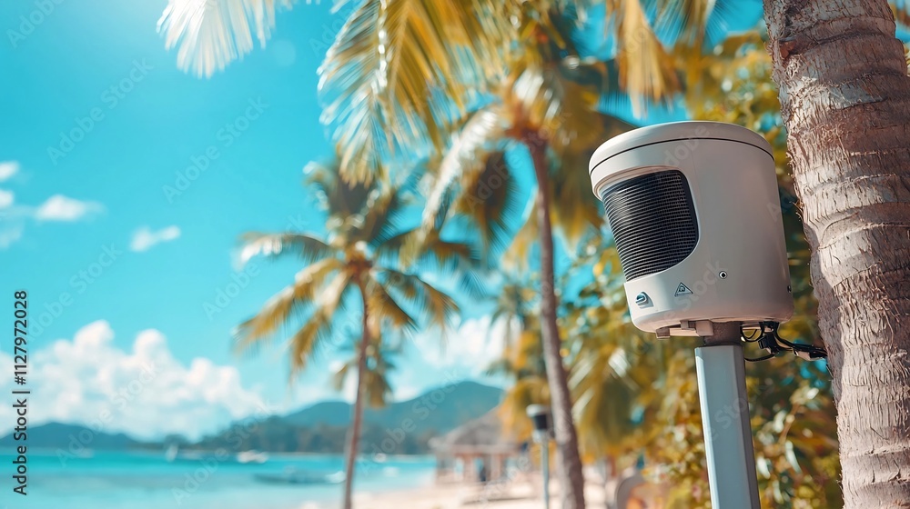 Aufkleber photograph showcasing an emergency alert system installed in a beachfront town featuring a network o
