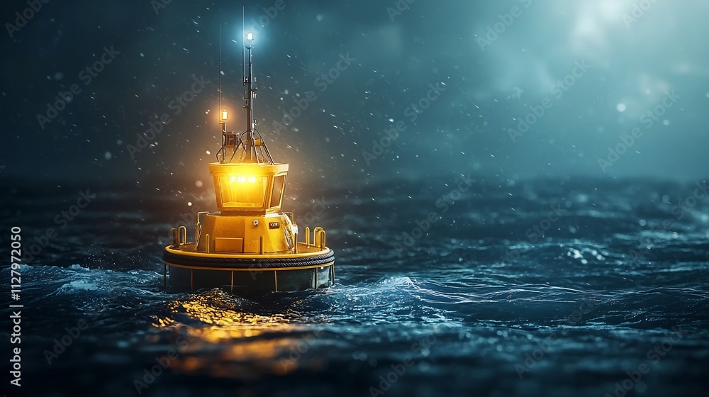 Poster a photograph of a buoy floating in the ocean equipped with various sensors for tsunami detection and