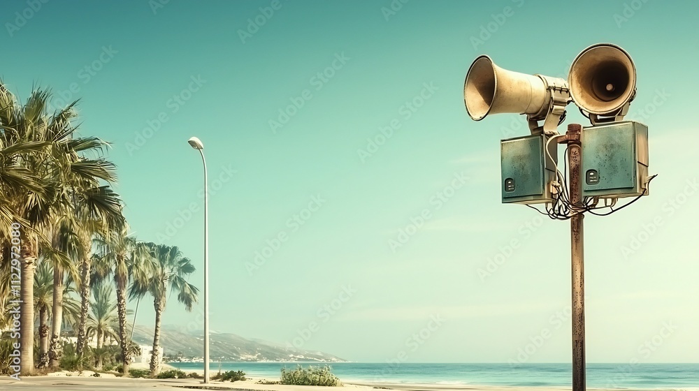 Poster a photograph of an emergency alert system in a beachfront town showing loudspeakers linked to a tsun