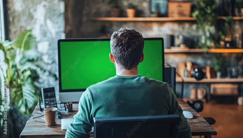 Poster Man working from home, looking at green screen computer.