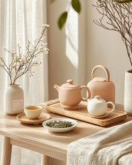 A minimalist traditional Chinese tea set with a teapot and cups on a bamboo tray surrounded by loose tea leaves, styled on a wooden table.