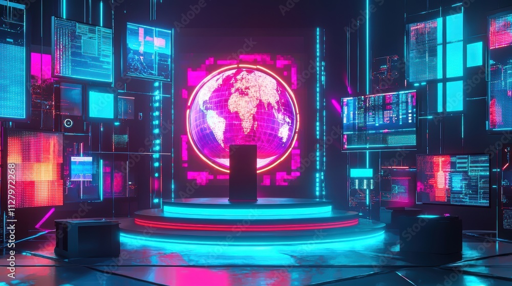 Poster futuristic digital interface with neon lighting and global map projection