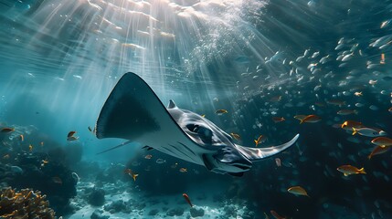 A stingray gliding gracefully through the ocean with a school of fish swimming in close proximity, forming a peaceful underwater tableau