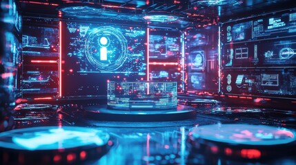 Obraz premium Futuristic Digital Control Room with Interface Displays and Graphics