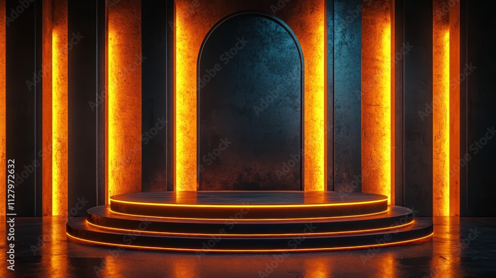 Poster abstract empty stage with illuminated walls in vibrant colors
