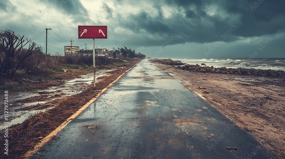 Poster coastal tsunami evacuation route sign linked to real time alert network with copy space at the top f